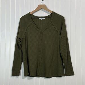 RO&DE Olive Waffle Knit V-Neck Top‎ M Minimalist Y2K Soft Grunge Quiet Luxury